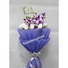 10 white Roses & 4 Purple Orchid with Purple Paper Packing